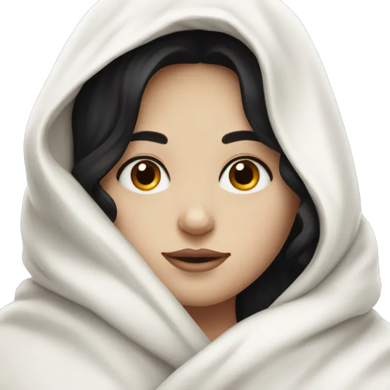 Pale Girl with black hair cozy in a white blanket emoji