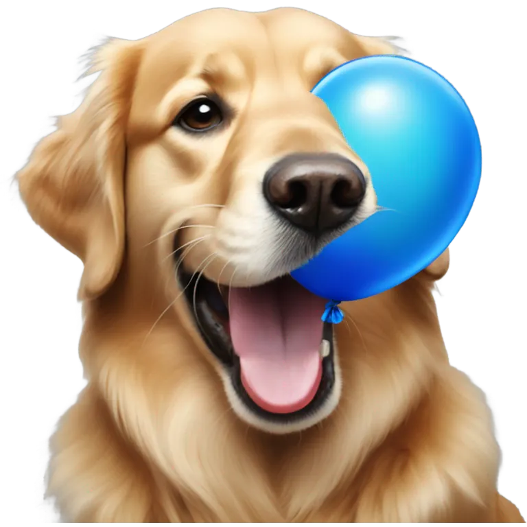 Golden retriever holding blue balloon in mouth emoji