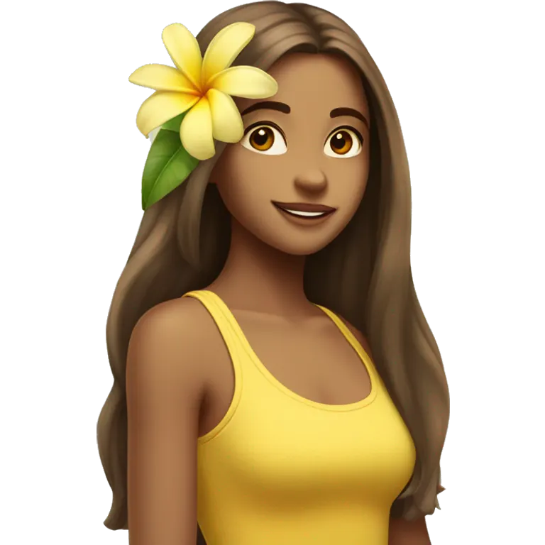 pretty girl with long brown hair in summer with a frangipani flower in her hair above her ear wearing a yellow tank top you can see emoji