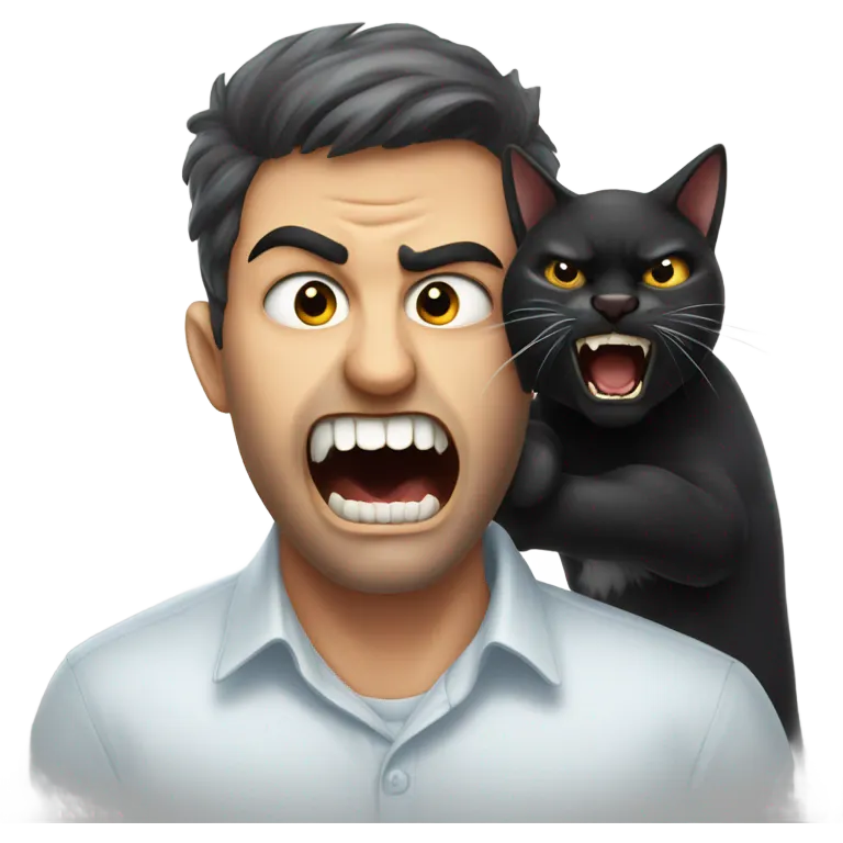 An angry black cat bites a man on the face. emoji