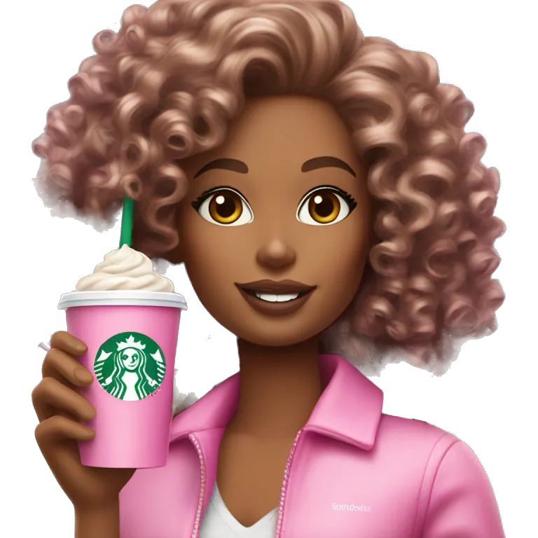 Barbie girl with curly hair holding Pink starbucks refresher emoji