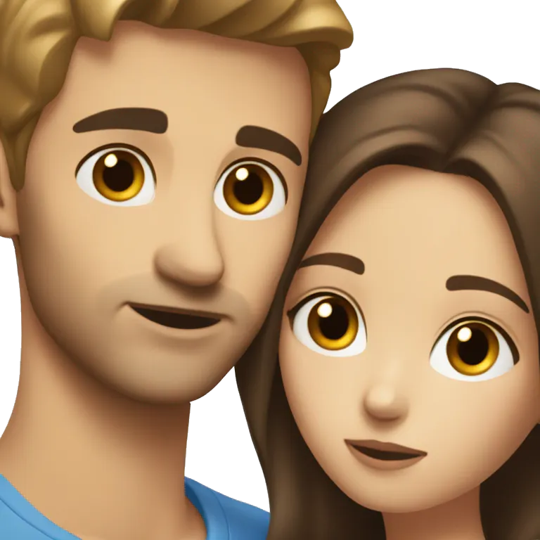 caucasian brunette couple hugging brown and blue eyes emoji