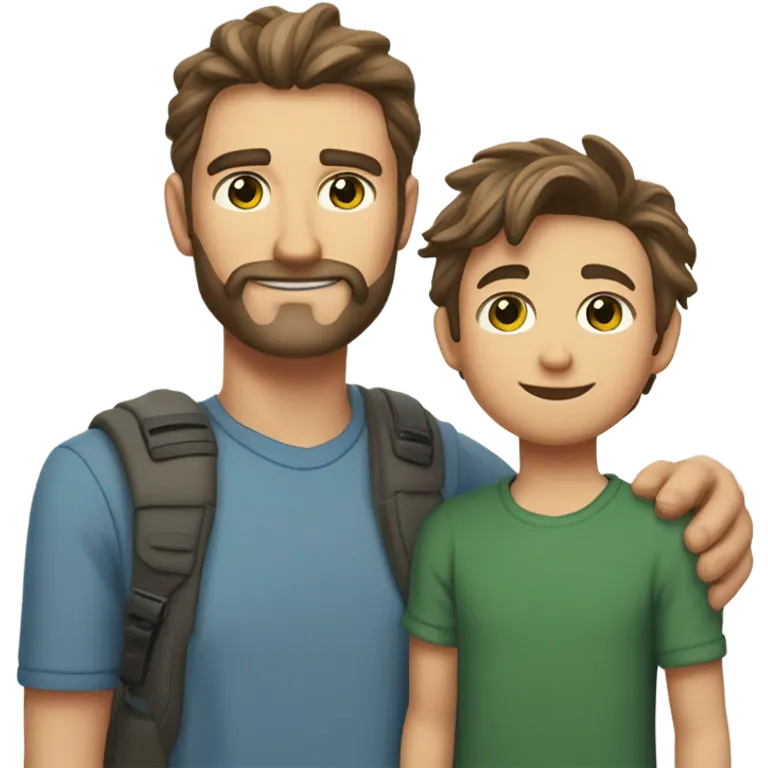 Handsome Father 40s green eyes with short full beard with Son 13s light brown eyes tousled bedhead look both has brunette hair light skin arms on shoulder portrait emoji