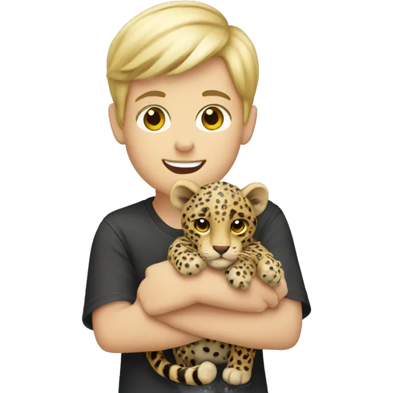 blonde boy holding stuffed leopard emoji