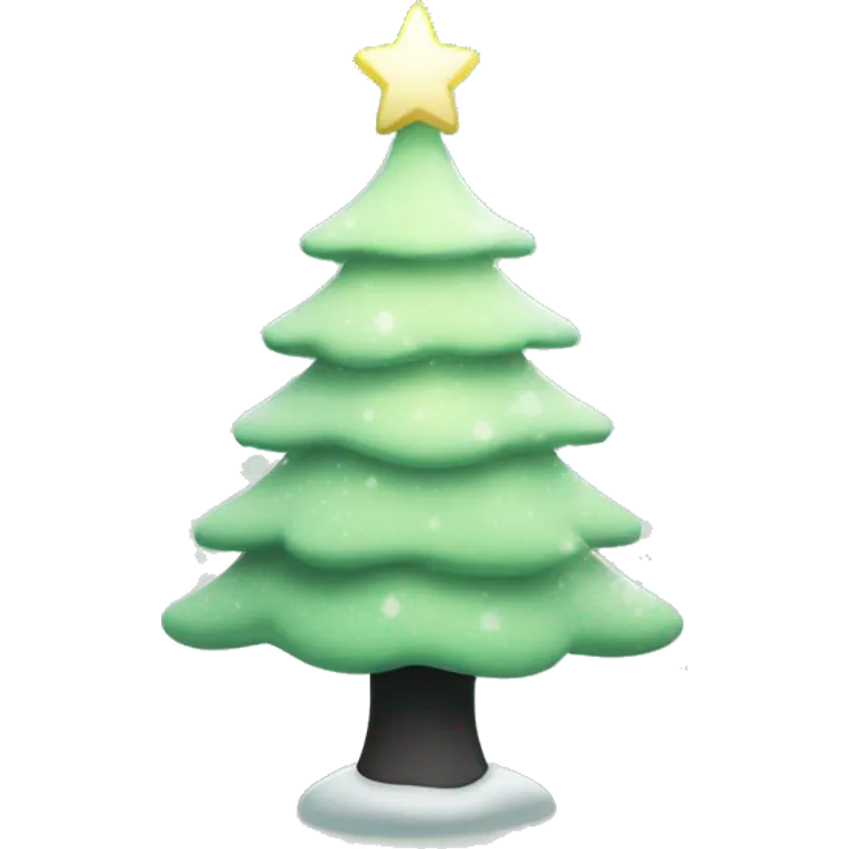 A light green Christmas tree with white twinkling lights and a white frosted snow with a black star and little pastel presence underneath ￼ emoji