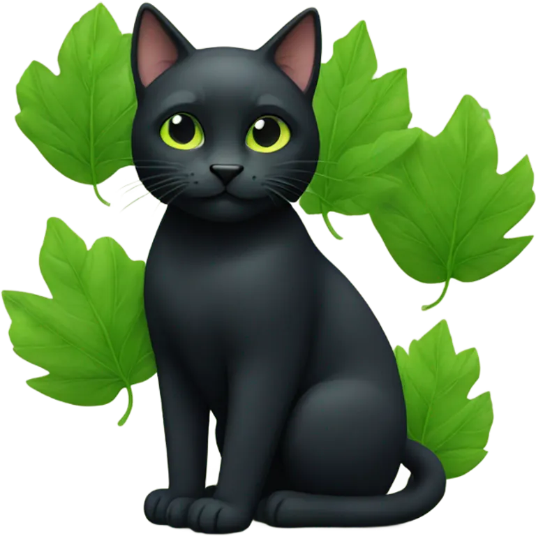 black cat that play with green leaves emoji