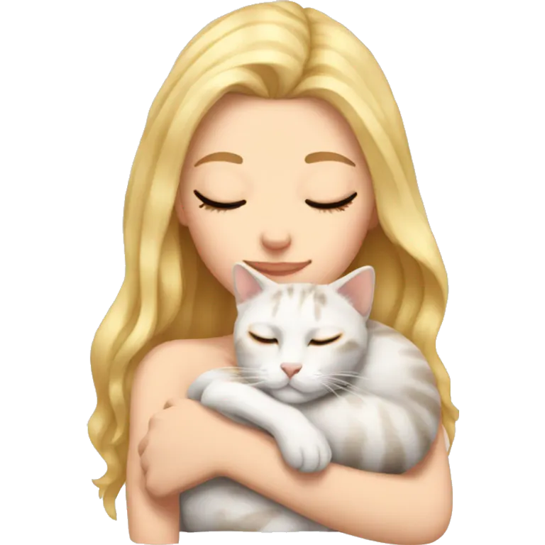 White girl blonde hair sleeping with calico kitty emoji