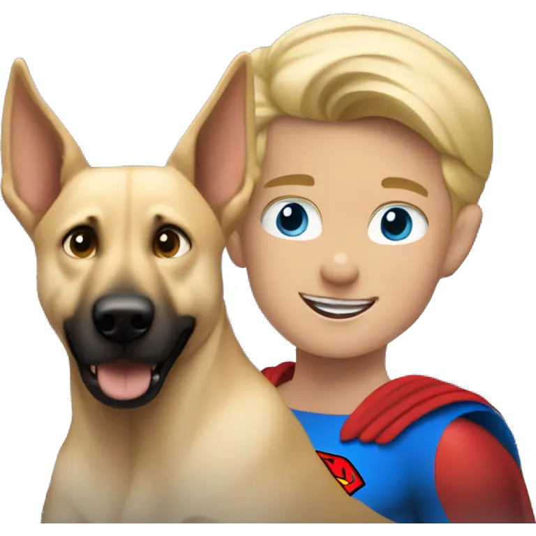 blond boy with blue eyes flying with his malinois dog superman emoji