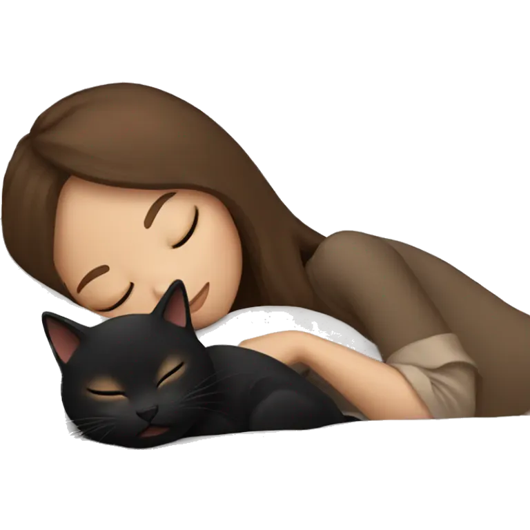 Girl with brown hair sleeping with black cat emoji