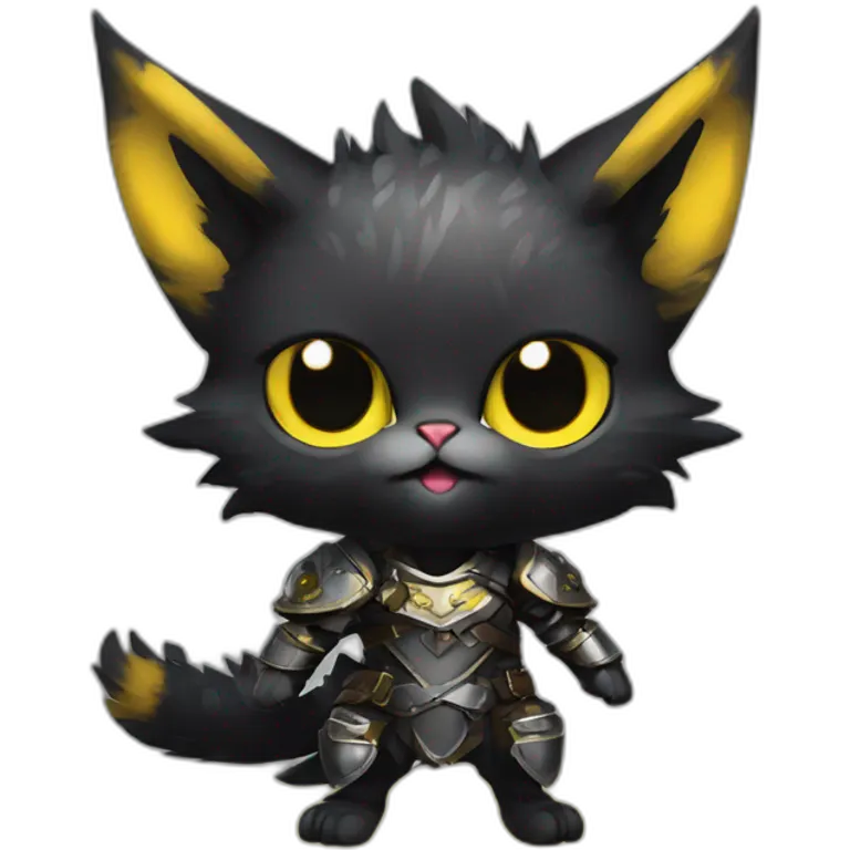 chibi monster hunter palico with all black fur on hind legs wearing armor and blepping and black face with yellow eyes emoji