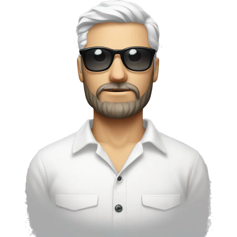 Homme blanc avec crane rasé, petite barbe, chemise blanche, lunette de soleil grise prada  emoji