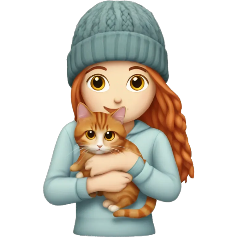Long Red haired white woman in beanie with holding a long haired tabby cat emoji