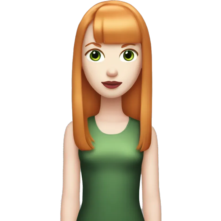 ginger girl, pale face, green eyes, pink lipstick, shoulde lenght straight hair with bangs emoji