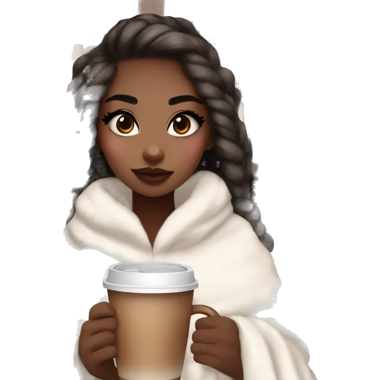 Cute girl with makeup and big giant fake eyelashes with a cozy aesthetic white and brown plaid blanket and hot coca emoji