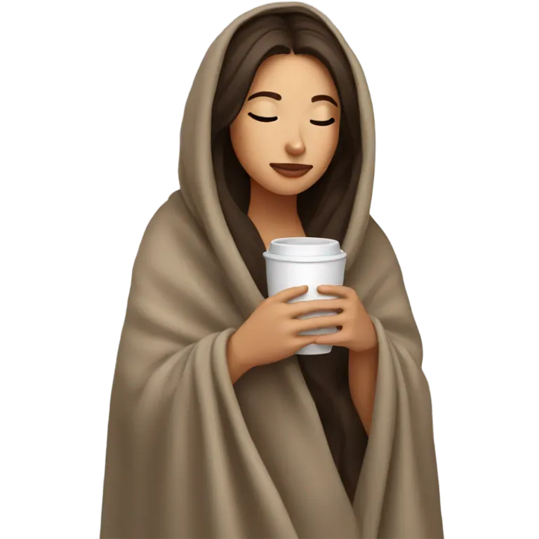 Brunette girl inside a blanket sipping coffee eyes closed emoji