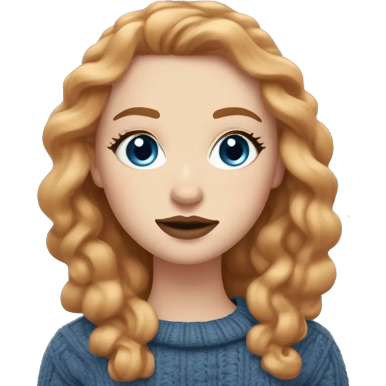 White girl with long, wavy hair a mix between ginger and dirty blonde. Blue eyes long eyelashes rose cheeks and light brown lipstick and bold eyeliner. Wearing cable knit sweater. emoji