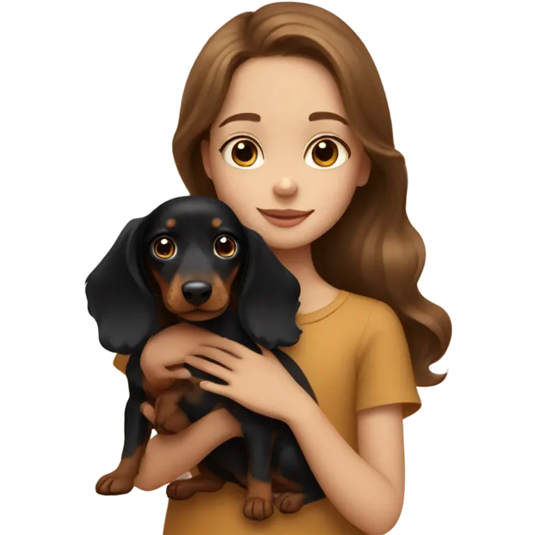 Brown long wavy hair girl with blue eyes cuddling a small honey black dachshund emoji