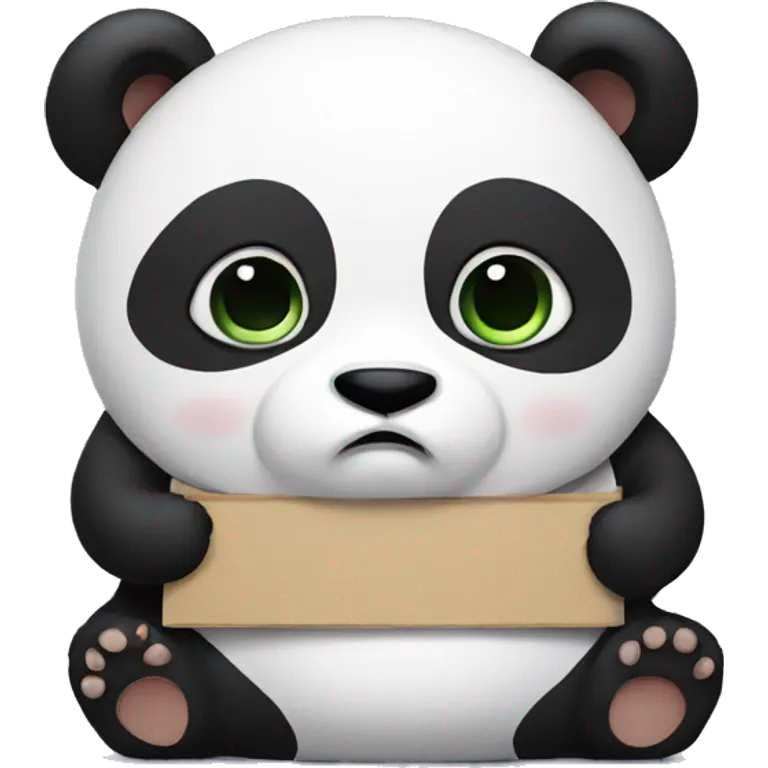 A chubby panda holding a sign that says sad emoji