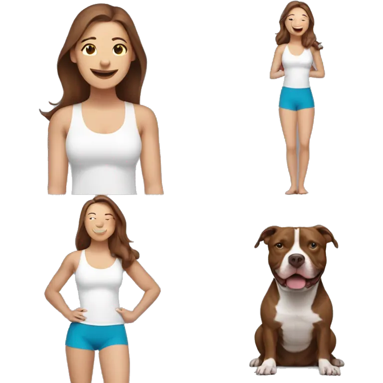 white woman with long brown hair expressing joy dressed in a yoga outfit alongside a pitbull dog emoji