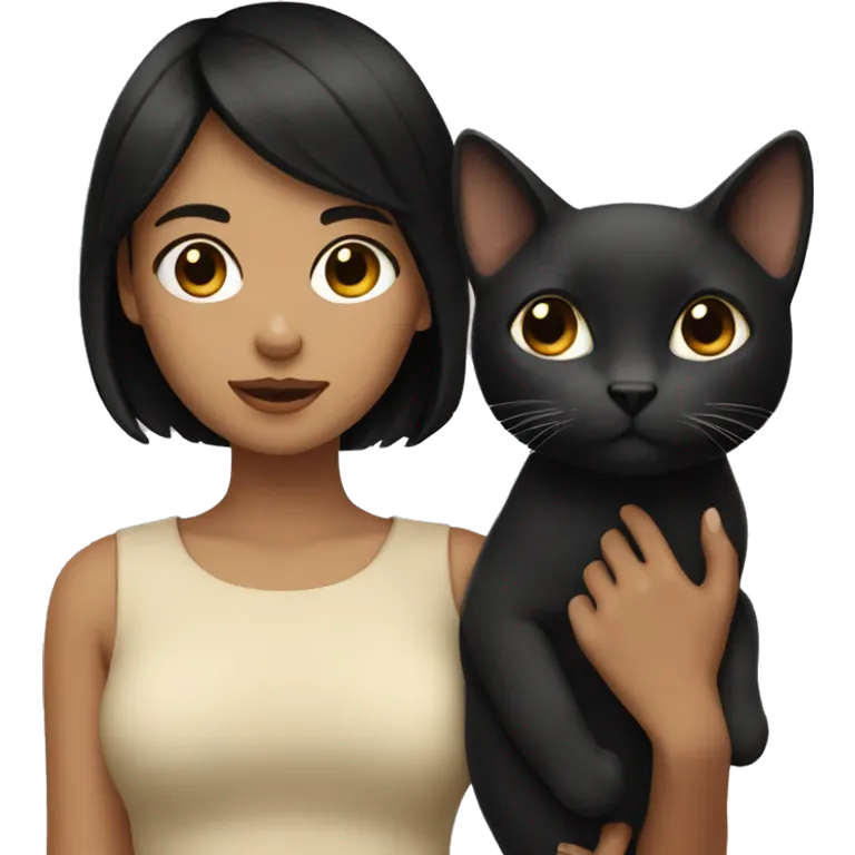 A girl with short black hair holding a beige cat emoji