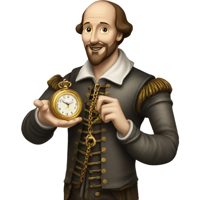 William Shakespeare holds an antique gold watch on a chain in his hand emoji