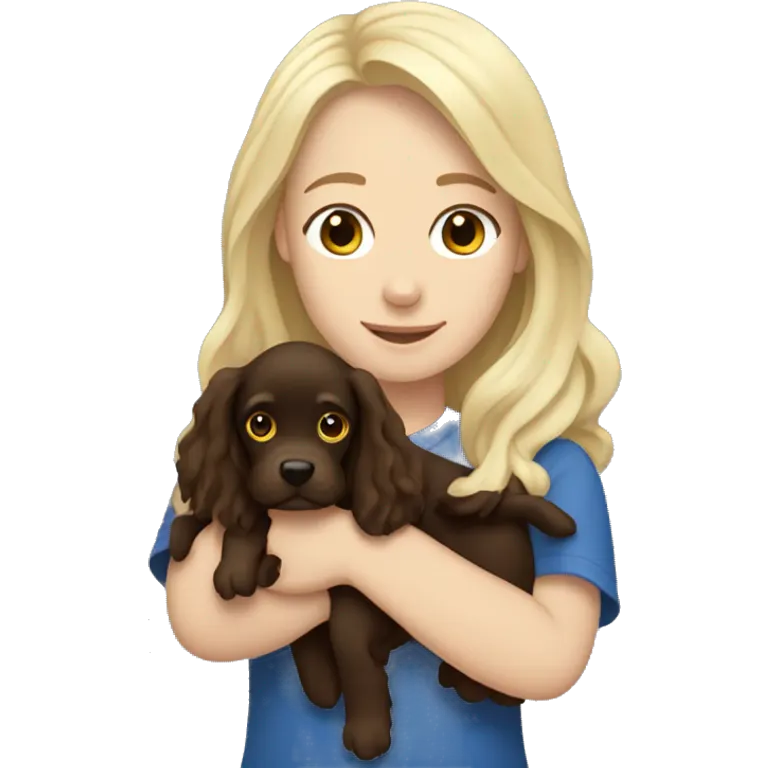 A white blonde girl holding a boykin spaniel in her arms emoji