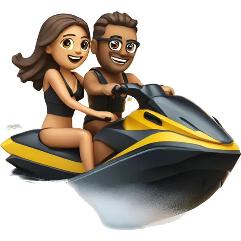 Um casal em cima de um jetski, numa praia, por do sol  emoji