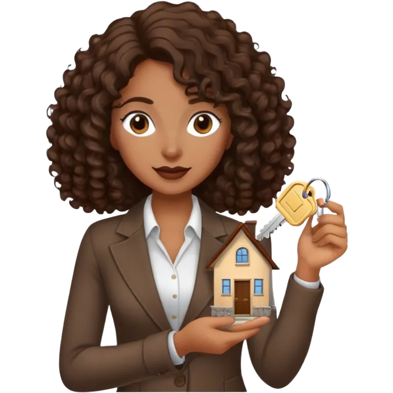 Dark brown lady with medium brown mid length curly hair in real estate job with house and keys emoji