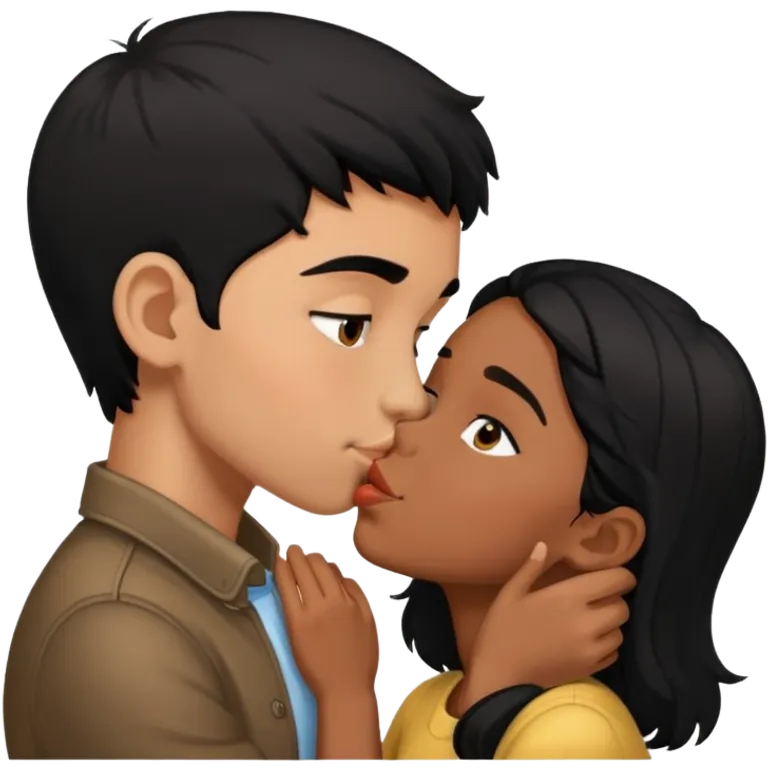 Black haired brown skinned boy kissing a black haired light skinned girl emoji