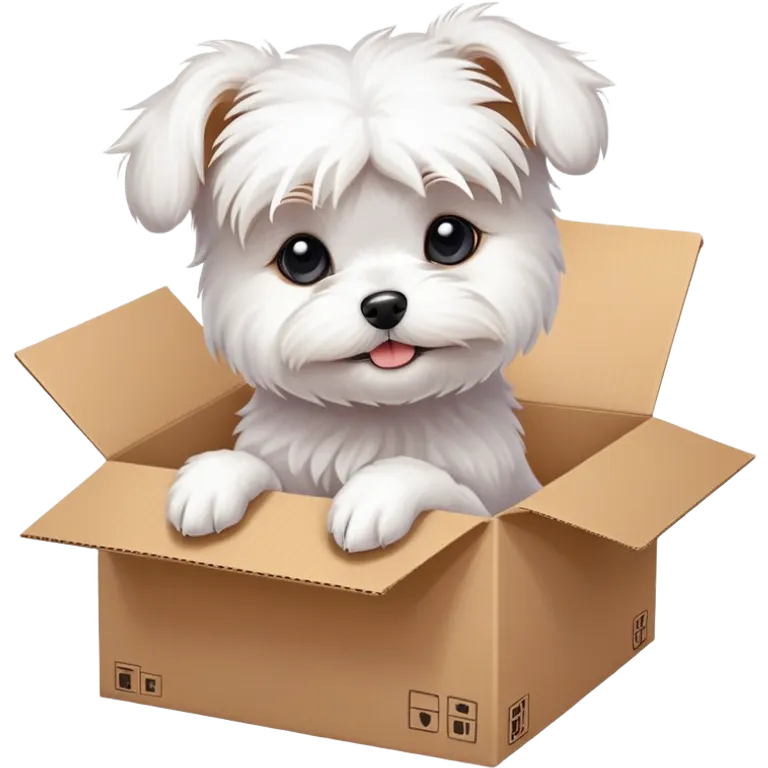  A very cute young Maltese dog  with one's head tilted to one side poked its paws out of the cardboard big box and placed them on top of it emoji