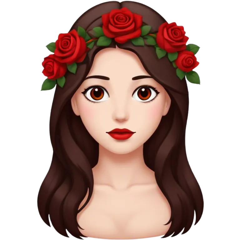 Beautiful, rose, red, flowers in hair, long dark brown hair, white fair skin emoji
