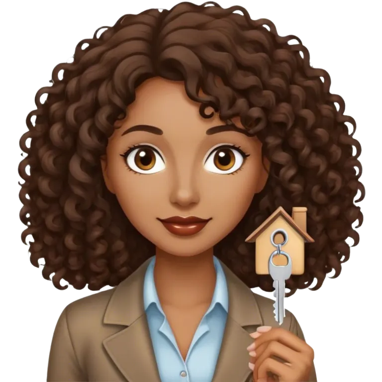 Dark brown lady with medium brown mid length curly hair in real estate job with house and keys emoji