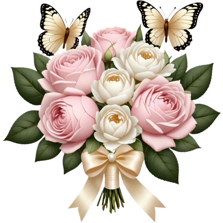 A vintage-inspired wedding bouquet of blush pink roses and fluffy white peonies, tied with an intricate ivory satin ribbon, surrounded by golden filigree accents and soft-focus pearl butterflies fluttering around. emoji