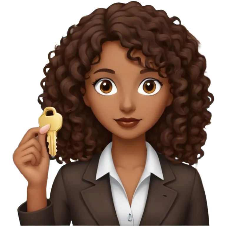 Dark brown lady with medium brown mid length curly hair in real estate job with house and keys emoji