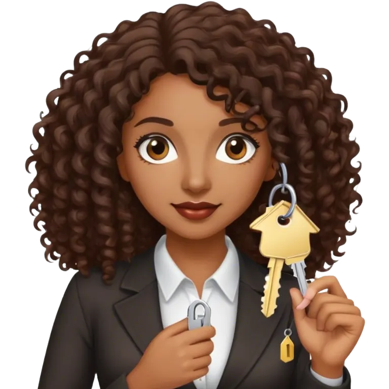 Dark brown lady with medium brown mid length curly hair in real estate job with house and keys emoji