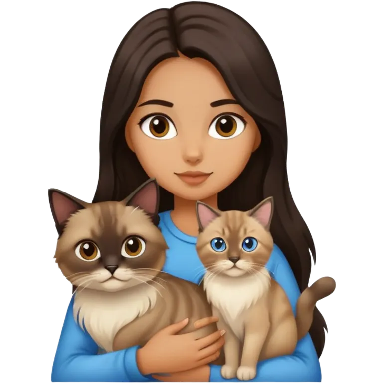 A girl with dark long hair holding a siamese cat and a siberian cat emoji