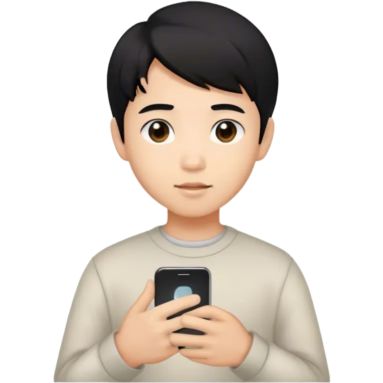 cute asian boy whit a brown eyes, black hair, whit a phone in a hand  emoji
