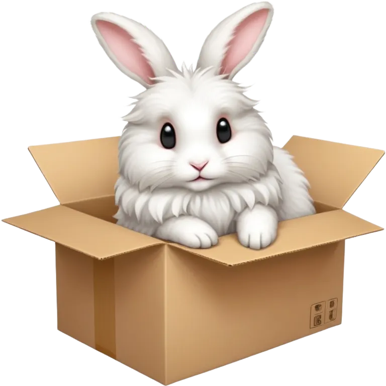  A very cute young Angora long rabbit  with one's head tilted to one side poked its paws out of the cardboard big box and placed them on top of it emoji