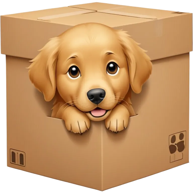  A very cute young Golden Retriever  with one's head tilted to one side poked its paws out of the cardboard big box and placed them on top of it emoji