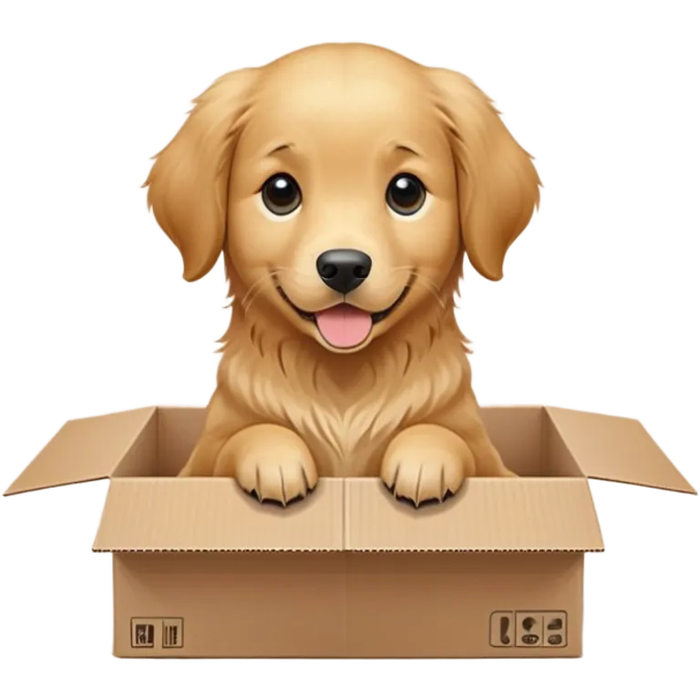 A very cute young Golden Retriever  with one's head tilted to one side poked its paws out of the cardboard big box and placed them on top of it emoji