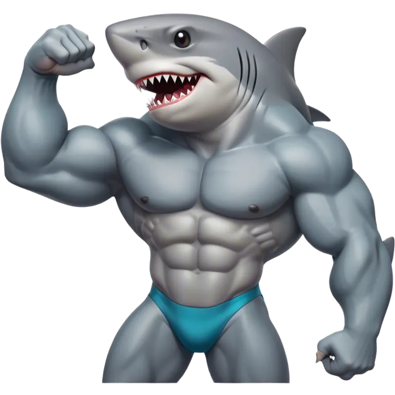 Create an emoji in the style of Apple iPhone emojis representing a bodybuilder shark. The shark must be in front, with muscular arms flexed to highlight its biceps. He must have a confident expression with a slight smile. Use bright, saturated colors, such as shades of gray or blue for the shark, with sharp contours and subtle shadows to give an impression of depth. The design must be simplified, expressive and without background. emoji