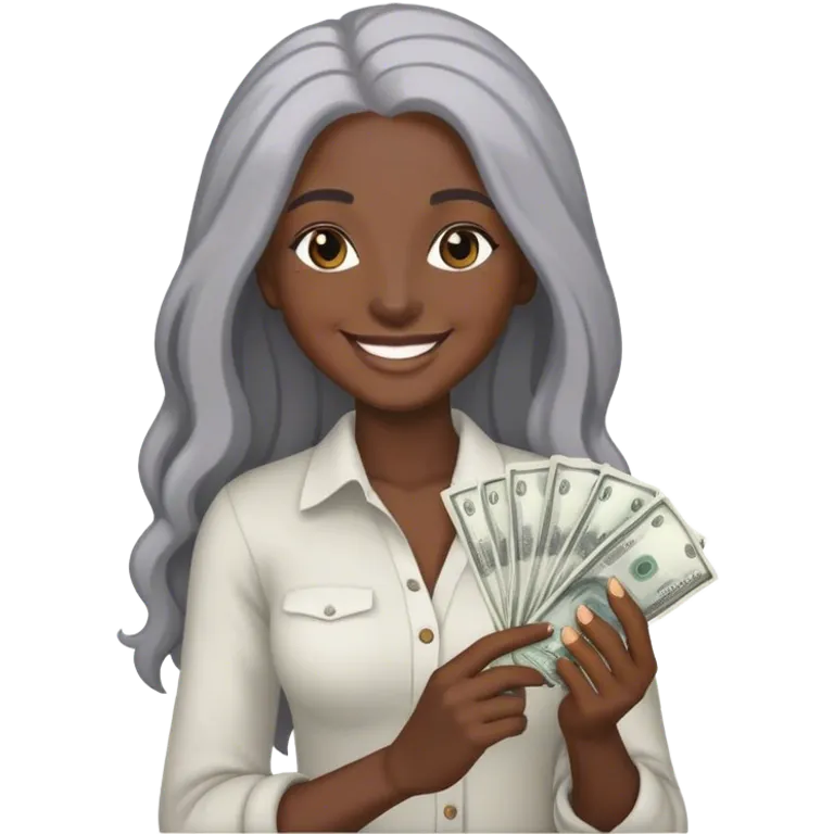 smiling dark black woman with long grey hair holding cash emoji
