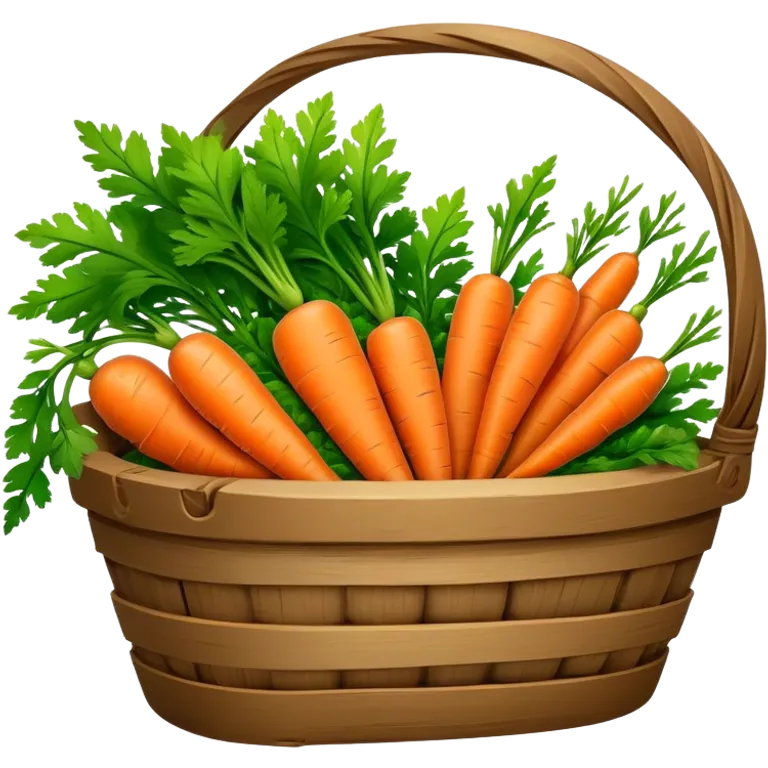 Cinematic vibrant orange carrot, crisp and fresh, slightly twisted with green leafy tops, arranged in a rustic wooden basket, natural and inviting. emoji