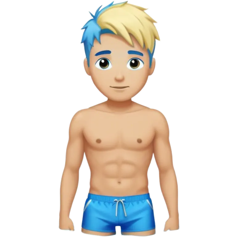 hot blond handsome  Man in blue swimming shorts with blue hair emoji