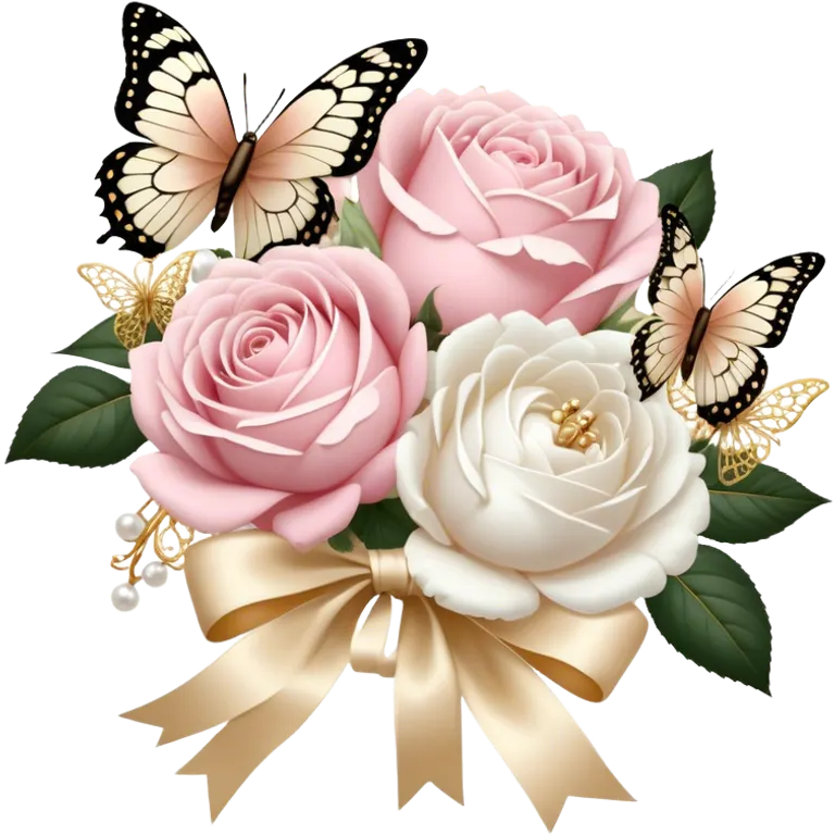 A vintage-inspired wedding bouquet of blush pink roses and fluffy white peonies, tied with an intricate ivory satin ribbon, surrounded by golden filigree accents and soft-focus pearl butterflies fluttering around. emoji