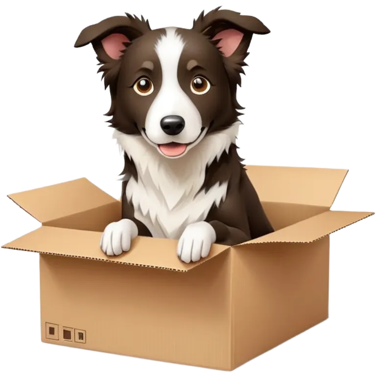  A very cute young Border collie  with one's head tilted to one side poked its paws out of the cardboard big box and placed them on top of it emoji