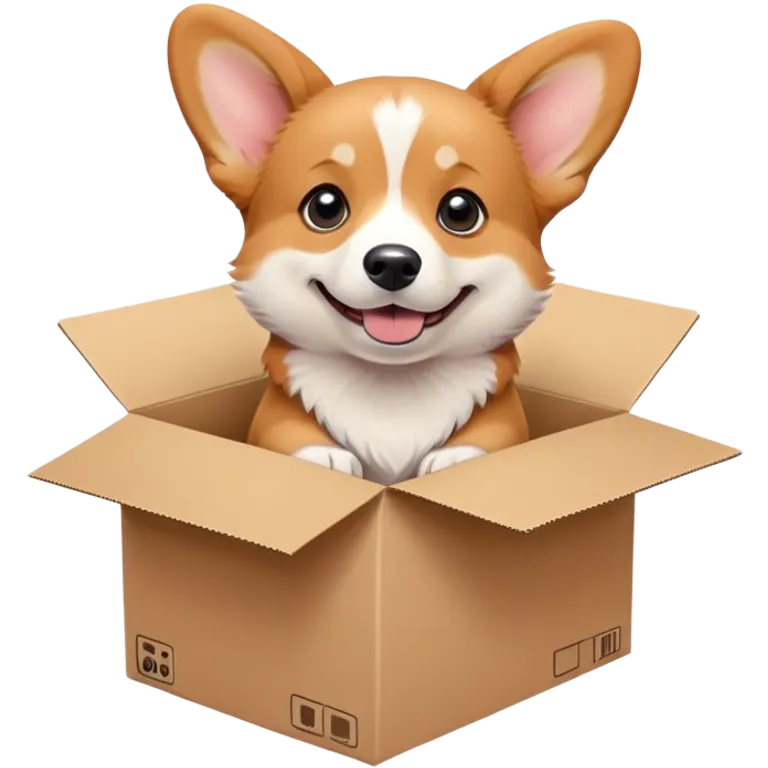  A very cute young corgi  with one's head tilted to one side poked its paws out of the cardboard big box and placed them on top of it emoji