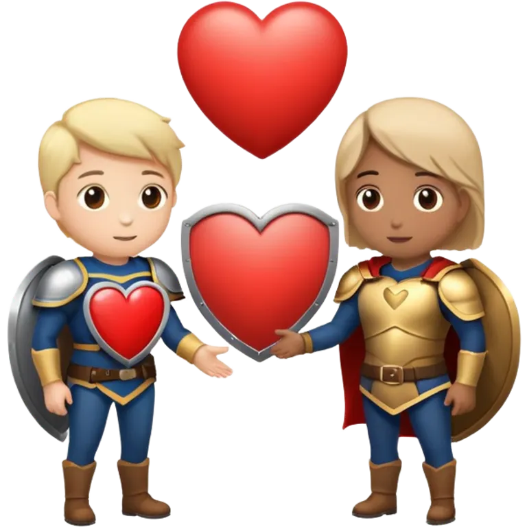 Two people facing each other with a speech bubble in between, one with a heart, the other with a shield, symbolizing authentic and firm communication. emoji
