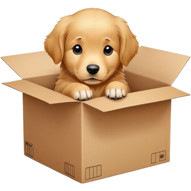  A very cute young Golden Retriever  with one's head tilted to one side poked its paws out of the cardboard big box and placed them on top of it emoji