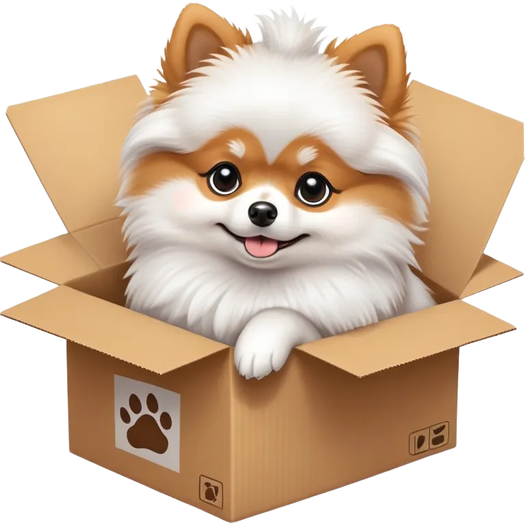  A very cute young pomeranian  with one's head tilted to one side poked its paws out of the cardboard big box and placed them on top of it emoji